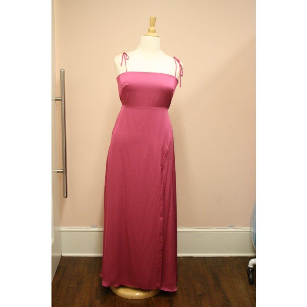 Dessy Long Satin Formal Bridesmaid Dress Slit Tea Rose (Magenta) Tie Straps